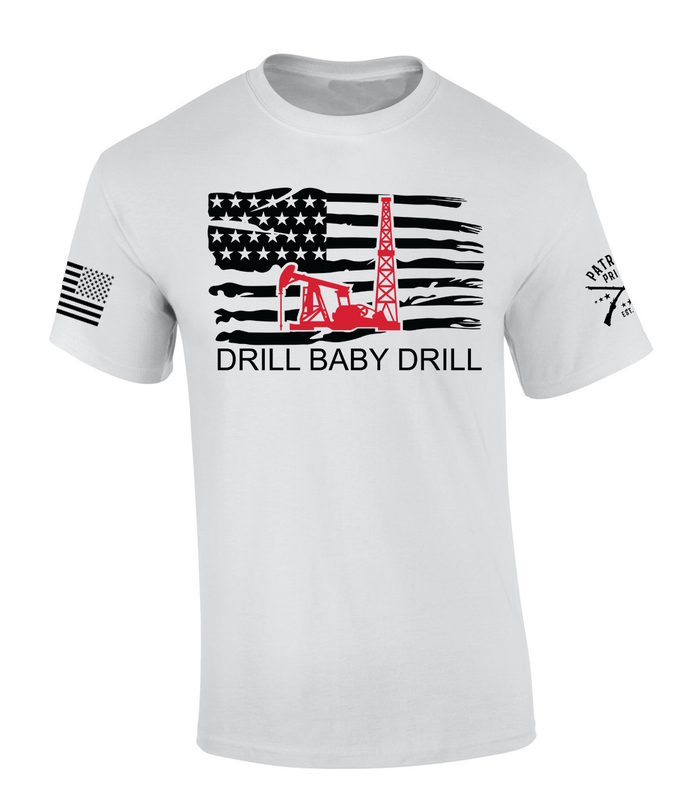 Patriot Pride Mens Drill Baby Drill USA Flag Red Oil Rig Short Sleeve T-Shirt