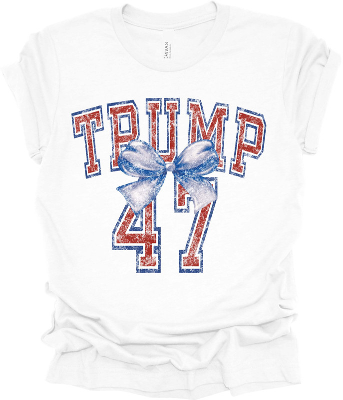Trenz Shirt Company Womens Trump 47 American Flag Bow Trump Ladies Short Sleeve T-shirt