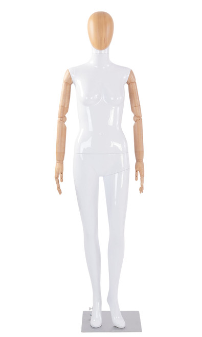 Glossy White Female Plastic Mannequin with Wood Head & Arms Posablezoom