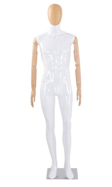Glossy White Male Plastic Mannequin Wood Arms & Head Posable Armszoom