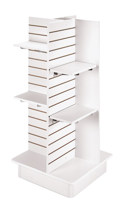 4-Panel White Slatwall Tower with Casters & Shelveszoom