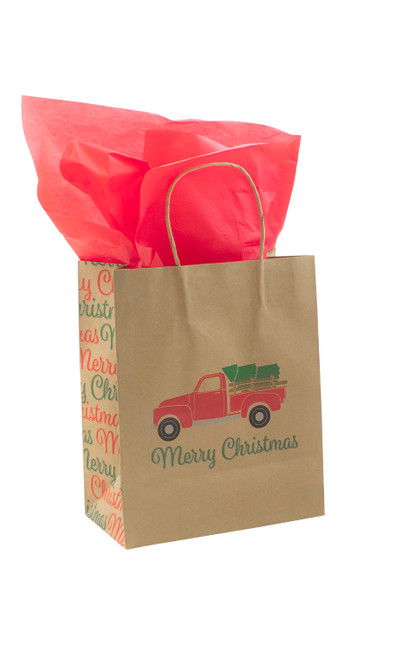 Christmas Truck Paper Shopping Bag - Case of 100 (Medium - 8 1/4”L x 4 3/4”D x 10 1/2”H)zoom