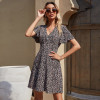 Summer Elegant A Line Dress V Neck Floral Print Mini Dress Flare Short Sleeve Button Party Dress Vestido De Mulher