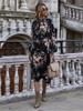 Puff Sleeve Spring Autumn Chic Floral Dress Women Casual Bow Stand Collar High Wasit Long Sleeve Winter Elegant Dress New