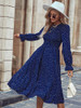 Fall Winter Women's New Navy Blue High Waist Medium Long Dress For Ladies Casual Full Sleeve All Match Polka Dot Dresses