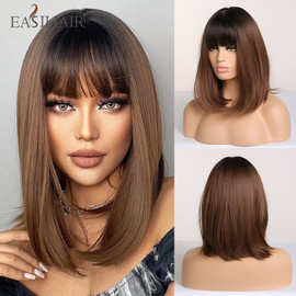 Synthetic Wigs for Women Honey Brown Wigs with Bangs Bob Wig Heat Resistant Cosplay Wigs Medium Length Cute Daily Wig