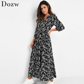 Vintage Floral Print Maxi Dress Women Boho Three Quarter Sleeve Long Sashes Dress Turn Down Collar Casual Shirt Dresses Robe