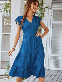 New Women's Spring Summer Leisure Vacation A Line Dress V Neck Sexy Flying Sleeve Solid Color Dresses