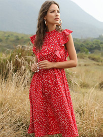 Summer Ladies Elegant Dot Print Chic Dress Women Casual Butterfly Sleeve Ruffles Medium Long Chiffon Dress