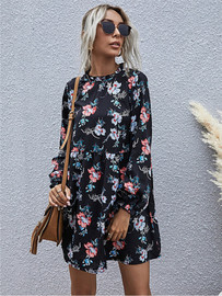 New Autumn Winter Fashion Floral Dress Women Casual Full Sleeve High Waist Loose Print Dress