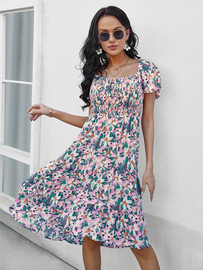 Summer Floral Off The Shoulder Dress For Women Casual Bohemian New Short Sleeve Medium Long Dresses Female Leisure