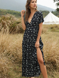 New Spring Women's Bohemian Ruffled Floral Printed Dress Sexy Boho Style Deep V-neck Long Summer Dress