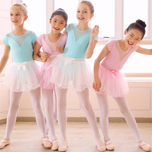 Girls Ballet Leotard Gymnastics Bodysuit Mesh Splice Costumes Children Short Sleeve Chiffon Tutu Dress Kids Ballet Dance Wear