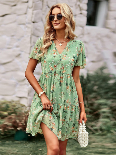 Fashion Floral Dress New Women Spring Autumn V Neck Short Sleeve Loose Chic Printed Dresses