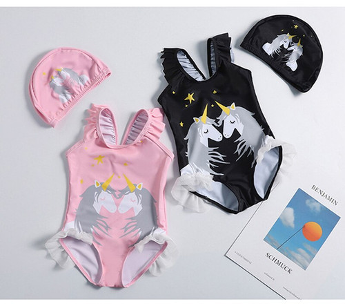 Girls swimwear 1~10Years Girls swimsuit one piece Unicorn Girls swimwear with Hat Children Beachwear