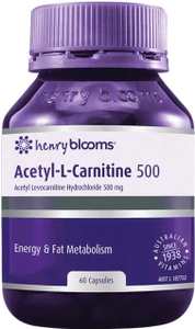 Henry Blooms Acetyl L-Carnitine 500mg 60 Caps for fat metabolism, brain function, mood & muscle energy