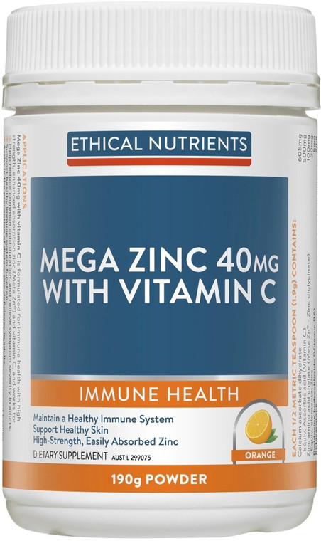 Ethical Nutrients Mega Zinc 40mg with Vitamin C Powder Orange 190g