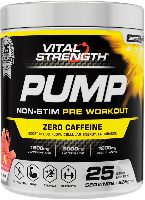 VitalStrength Pump Non-Stim Pre Workout Watermelon 225g caffeine-free formula with Citrulline, Arginine, Creatine & BCAAs for muscle pump & endurance