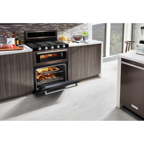 Cuisinière bi-combustible à four double à convection avec 5 brûleurs - 30 po KitchenAid® KFGD500EBS