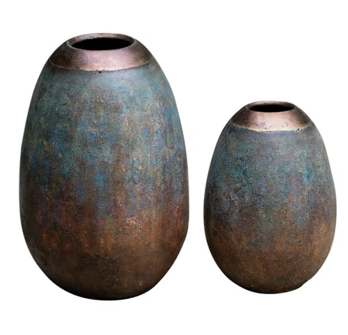 Textured terracotta in a beautiful Etruscan sky finish comprised of blues, greens, grays and browns with copper leaf accents. Sizes: Sm-11x16x11, Lg-15x26x15