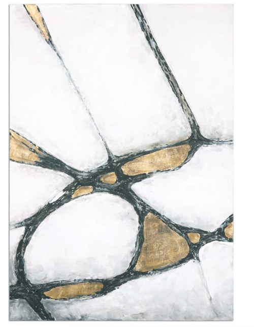 Showcasing an abstract motif, this modern, hand painted canvas emanates bold elegance. A minimal color palette includes white, charcoal, and metallic gold shades and features high gloss accents. The frameless canvas is stretched and attached to wooden stretchers. Due to the handcrafted nature of this artwork, each piece may have subtle differences. This piece may be hung horizontal or vertical.