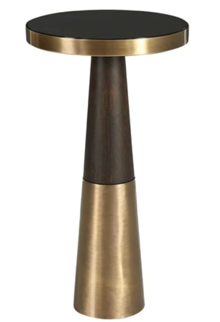 Sleek and contemporary, this accent table features a black glass top with a tapered wooden base in a dark espresso finish accented by brushed brass details.