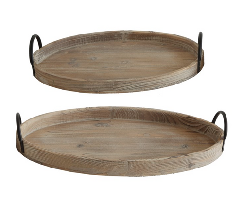 Oval Wood Trays with Metal Handles - Set of 2