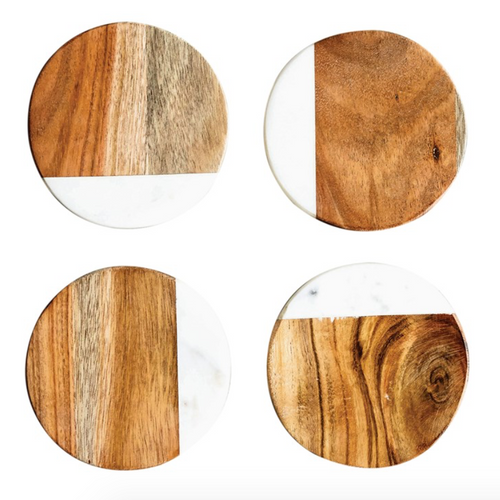 Round Marble + Wood Coasters- set of 4