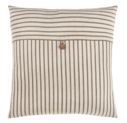 Pillow- GREY + WHITE STRIPED with BUTTON