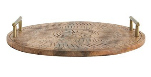 Carved Wood Tray with Brass Handles