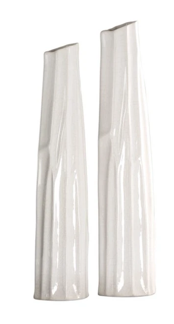 Tall White Crackle Vases- Set of 2