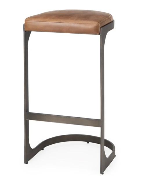 Brown Leather Backless Barstool with Metal Legs