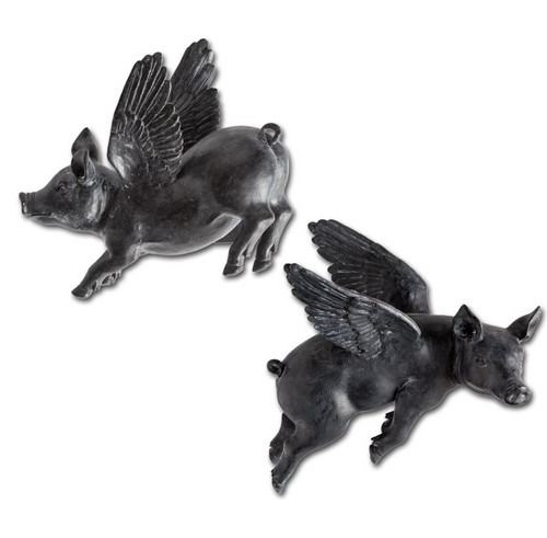 Set of 2 resin flying pigs with a flat black finish, that hang on the wall with adjustable metal mounts. Yes pigs do fly!