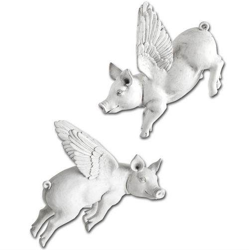 Set of 2 resin flying pigs with a flat white finish, that hang on the wall with adjustable metal mounts. Yes pigs do fly!