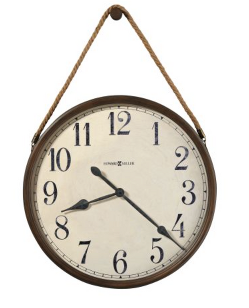 This unique 25" diameter wall clock hangs from a hanging peg and aged rope.