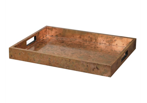 Wooden tray covered with oxidized copper sheeting. The oxidization of each piece will vary.