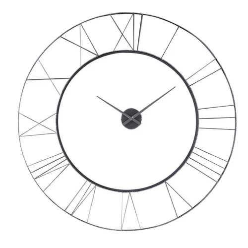 This 3-dimensional wall clock features hammered, hand-forged iron with a silver finish and floating center dial. Quartz movement ensures accurate timekeeping.