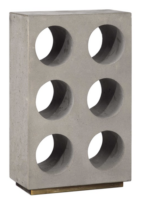 Tabletop wine holder, in concrete with flecked gold accents. Hold six standard diameter wine bottles.