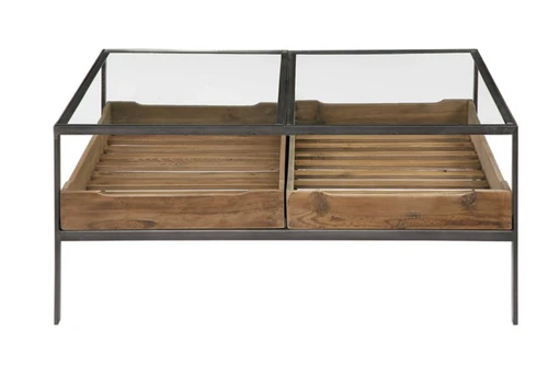 A versatile look for any style space, this functional table features two slide out storage trays constructed from solid reclaimed pine, perfect for storing books or other decorative memorabilia. Iron frame is finished in an aged steel with two drop in tempered glass tops. 
