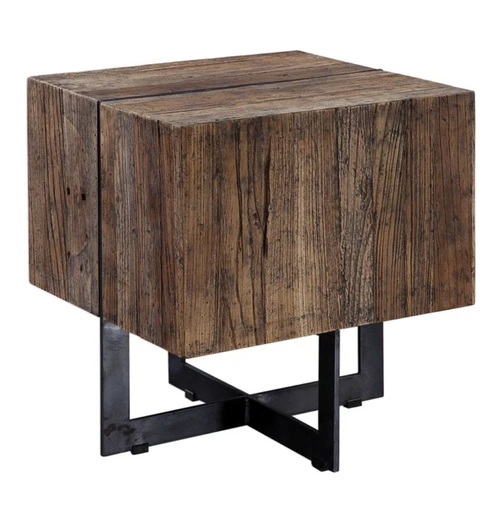 Featuring deeply grained reclaimed elm wood, this character rich end table has natural cracks and distressing, showcasing the unique history of each board. Accented with solid iron industrial supports finished in aged black. 