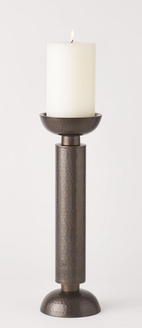 These towering candlesticks are made from hand hammered, bronze plated iron sheet. Each holds a 4 inch pillar candle