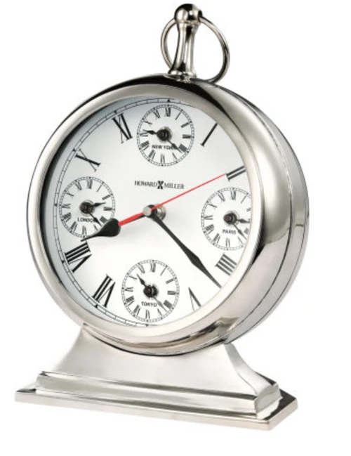 This stylish, world time metal mantel clock displays local time and features four smaller dials for displaying time for New York, Paris, London and Tokyo.