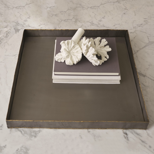 Brutalist iron ottoman tray with braised brass accent on edges. The tray is sealed with matte lacquer to retard oxidation.