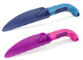 Två ergonomiska planteringsspadar i plast, en rosa och en blå, med böjt handtag som minskar belastningen på hand och handled