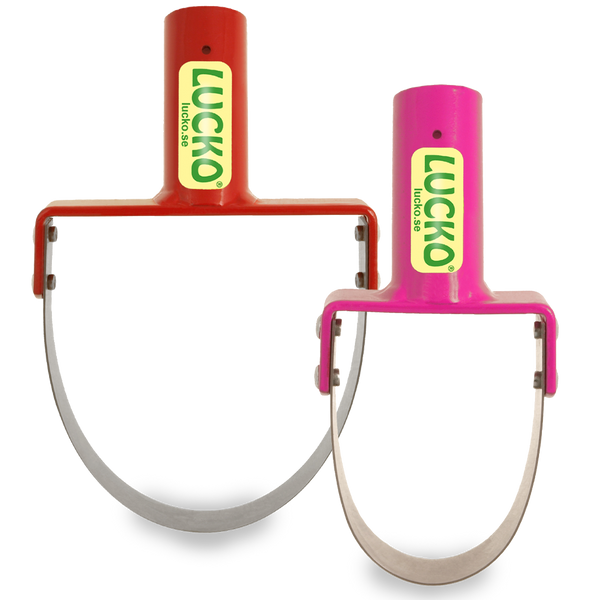 Två runda bygelhackor på vit bakgrund, 6 cm i rosa och 10 cm i rött, effektiva trädgårdsverktyg för att rensa ogräs i rabatt och trädgårdsland