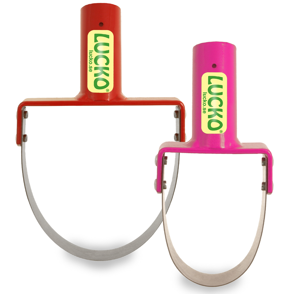 Två runda bygelhackor på vit bakgrund, 6 cm i rosa och 10 cm i rött, effektiva trädgårdsverktyg för att rensa ogräs i rabatt och trädgårdsland