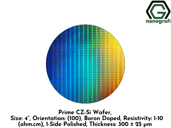 Prime CZ-Si Wafer, Size: 4”, Orientation: (100), Boron Doped, Resistivity: 1-10 (ohm.cm), 1-Side Polished, Thickness: 300 ± 25 μm