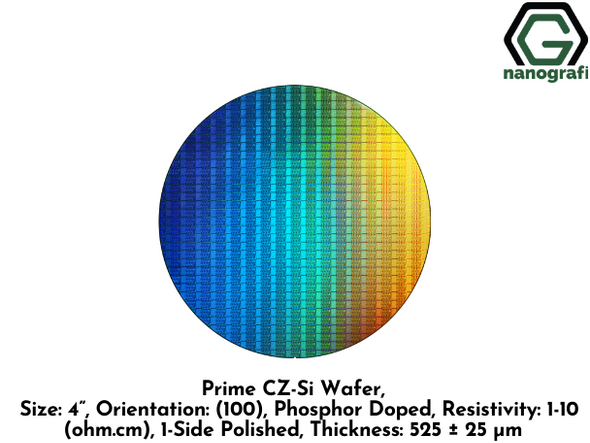 Prime CZ-Si Wafer, Size: 4”, Orientation: (100), Phosphor Doped, Resistivity: 1-10 (ohm.cm), 1-Side Polished, Thickness: 525 ± 25 μm