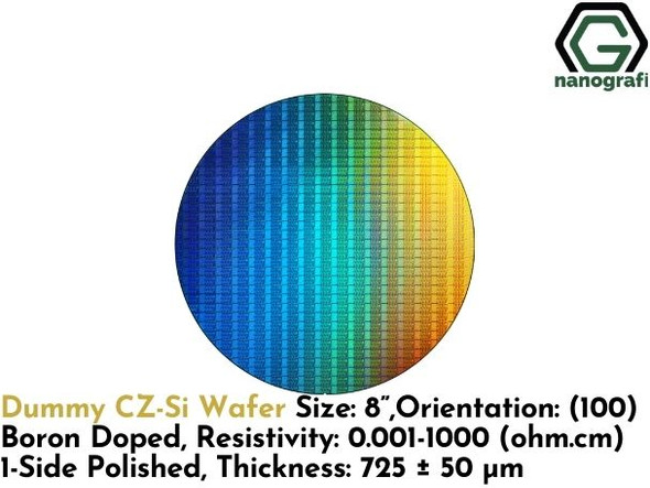 Dummy CZ-Si Wafer, Size: 8”, Orientation: (100), Boron Doped, Resistivity: 0.001 - 1000 (ohm.cm), 1-Side Polished, Thickness: 725 ± 50 μm- NG08SW0247