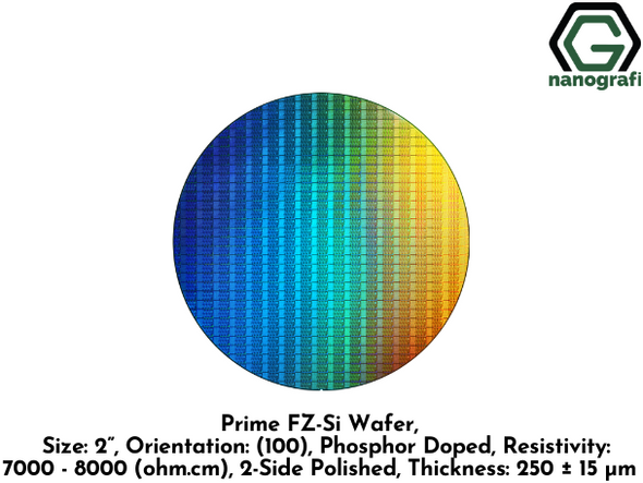 Prime FZ-Si Wafer, Size: 2”, Orientation: (100), Phosphor Doped, Resistivity: 7000 - 8000 (ohm.cm), 2-Side Polished, Thickness: 250 ± 15 μm